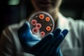 A scientist holding a Petri Dish with Virus and bacteria cells AI generated