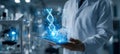 The scientist holding a tablet displaying a holographic DNA structure in a lab. AI generated image Royalty Free Stock Photo