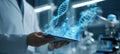 The scientist holding a tablet displaying a holographic DNA structure in a lab environment. AI generated image Royalty Free Stock Photo