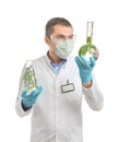 Scientist holding test flasks with plants on white background Royalty Free Stock Photo