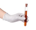 Scientist holding test tube with brown liquid on white background, closeup Royalty Free Stock Photo