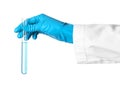 Scientist holding test tube with liquid on white background.