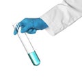 Scientist holding test tube with liquid on white background. Royalty Free Stock Photo