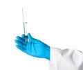 Scientist holding test tube with liquid on white background. Royalty Free Stock Photo