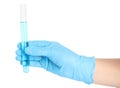 Scientist holding test tube with liquid on white, closeup Royalty Free Stock Photo