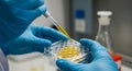 Scientist Holding Yellow Liquid Sample Plate with Dropper in Lab Royalty Free Stock Photo