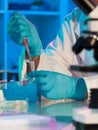 Scientist holds and examine samples in a laboratory