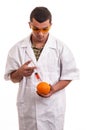 Scientist injecting GMO into orange, genetic modification of fresh fruits