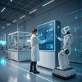 Scientist Interacting with Humanoid Robot in a High-Tech Laboratory with Digital Data Display