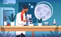Scientist In Lab. Cartoon Concept Of Laboratory Research, Scientific Experiment And Medical Data Collection And Analysis