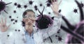 Scientist in lab coat analyzing virus cells in futuristic virtual interface