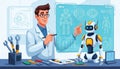 Engineer designing robot with technical drawings. Royalty Free Stock Photo