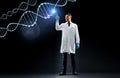 Scientist in lab coat and medical gloves with dna