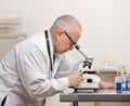 Scientist in lab coat peering through microscope