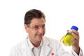 Scientist with lab glass bottles