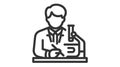 Scientist in lab line icon. Chemist Man and flask with bubbles. Scientists concept.