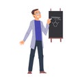 Scientist in Lab, Young Man in Coat Doing Chemical Research in Science Laboratory, Man Writing on the Chalkboard Vector