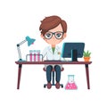 Scientist in Laboratory with Computer and Test Tubes at Work Desk Vector Illustration Royalty Free Stock Photo