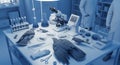 A scientist in a laboratory examines a crow and a microscope with test tubes and flasks on a table with blue lighting Royalty Free Stock Photo