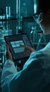 Scientist in laboratory using tablet for genome sequencing analysis futuristic biotech and bioinformatics research
