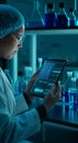 Scientist in laboratory using tablet for genome sequencing analysis futuristic biotech and bioinformatics research