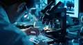 scientist looking at a microscope, laboratory worker doing his work with microscope in the laboratory, doctor in the lab