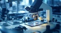 scientist looking at a microscope, laboratory worker doing his work with microscope in the laboratory, doctor in the lab