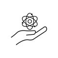 Scientist line symbol. Hand with atom line icon. Design vector