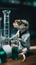 A scientist lizard wearing glasses sitting next to a beaker filled with liquid. AI generative image.