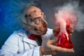 Astonished scientist with explosive experiment