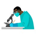 Scientist looking through microscope in medical laboratory. Vector.