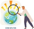 Scientist with magnifying glass studies ozone layer depletion. Man makes research of planet ecology