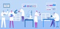 Scientist make research in laboratory, science medical lab for chemistry test vector illustration. Group woman man