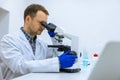 Scientist man doing chemical experiment, making analyzing, looking sample under microscope Royalty Free Stock Photo