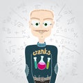 Scientist man in sweater and glasses. Teacher. Mathematical formulas.