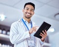 Scientist, man with tablet and smile in portrait, digital science data for medical research in lab. Biotech, male doctor