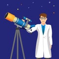 Scientist man with telescope on background of cosmic sky vector Royalty Free Stock Photo