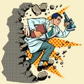 Scientist with microscope breaks a wall, destroys stereotypes Royalty Free Stock Photo