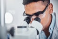 Scientist, microscope and man in laboratory working for healthcare testing, medical research and science innovation Royalty Free Stock Photo