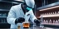 scientist mixing a substance in a beaker. in a white coat. A futuristic laboratory