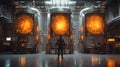 Scientist observing advanced technology in a futuristic laboratory