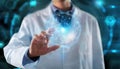 Scientist observing a holographic quantum model in a laboratory setting with modern technology