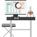 Scientist office with computer, chemical flask on worktable vector icon isolated on white Royalty Free Stock Photo
