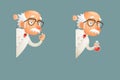 Scientist Old Wise Character Look Out Corner Icons Cartoon Design Vector Illustration