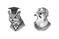 Scientist owl character in a hat. Peregrine falcon pilot with glasses. Hand drawn fashionable bird. Engraved old