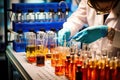 a scientist pouring chemicals into test tubes in a laboratory