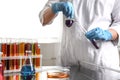 Scientist pouring liquid from retort flask into test tube at laboratory Royalty Free Stock Photo