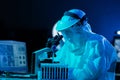 Scientist in protection suits and masks working in research lab using laboratory equipment: microscopes, test tubes