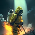 Scientist in a protective suit is in Biological and chemical hazard area