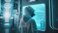 Scientist in protective suit working with futuristic interface. 3D Rendering